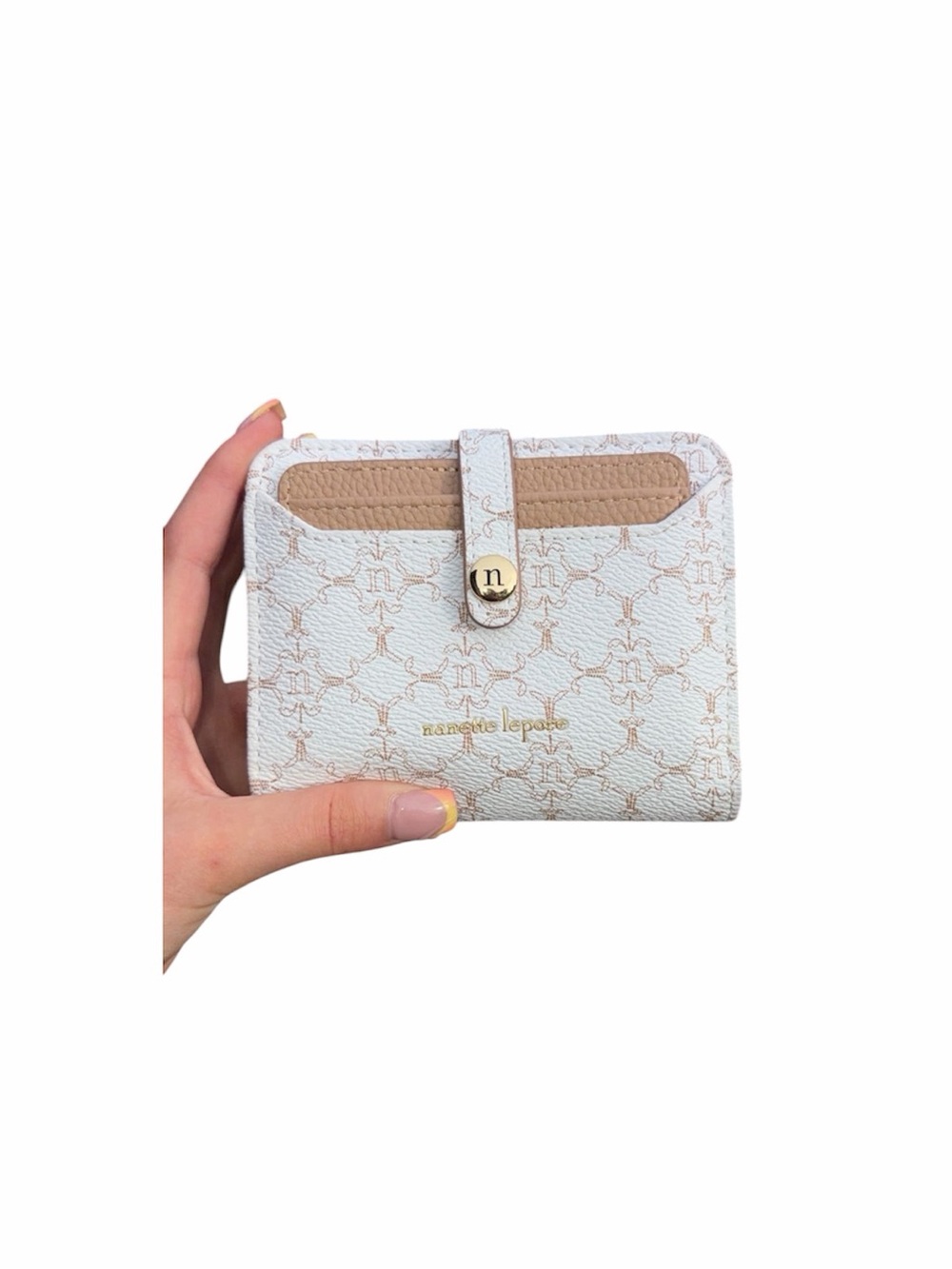 Nanette Lepore White and Beige Monogram Compact Wallet with Gold Logo Snap